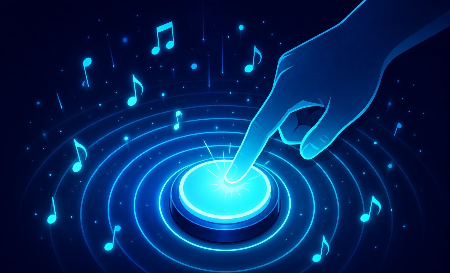 Finger clicking a glowing arcade button with rhythmic pulse rings, symbolizing timed clicks