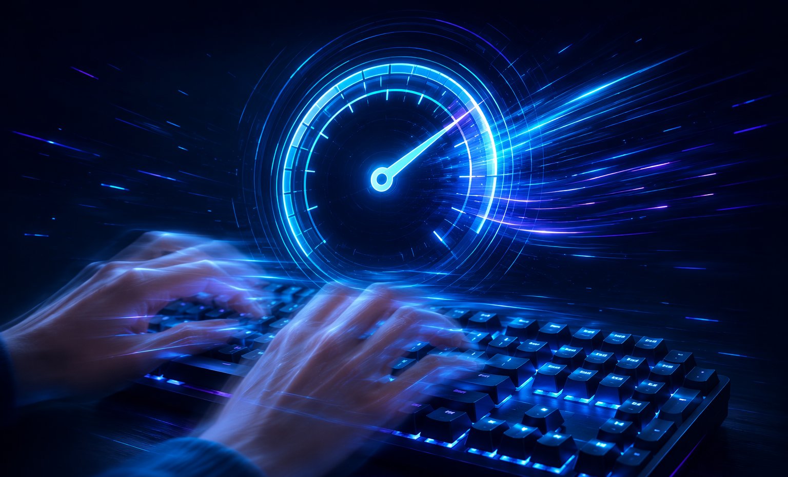 Retro speedometer gauge measuring typing speed in words per minute over a backlit keyboard