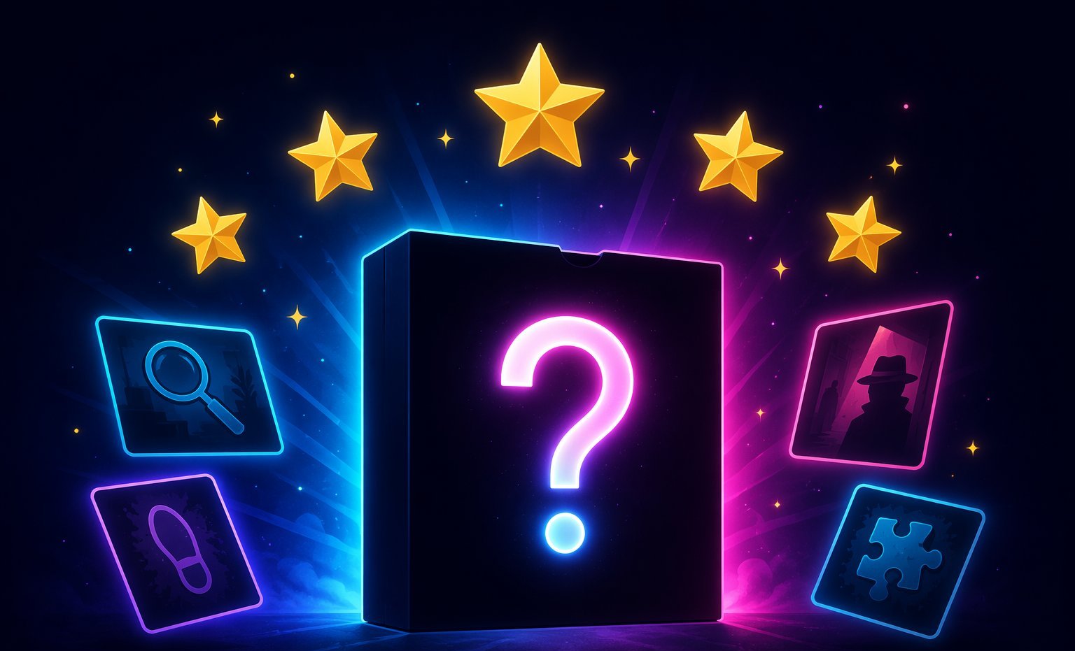 Mystery game box with a glowing question mark surrounded by review stars