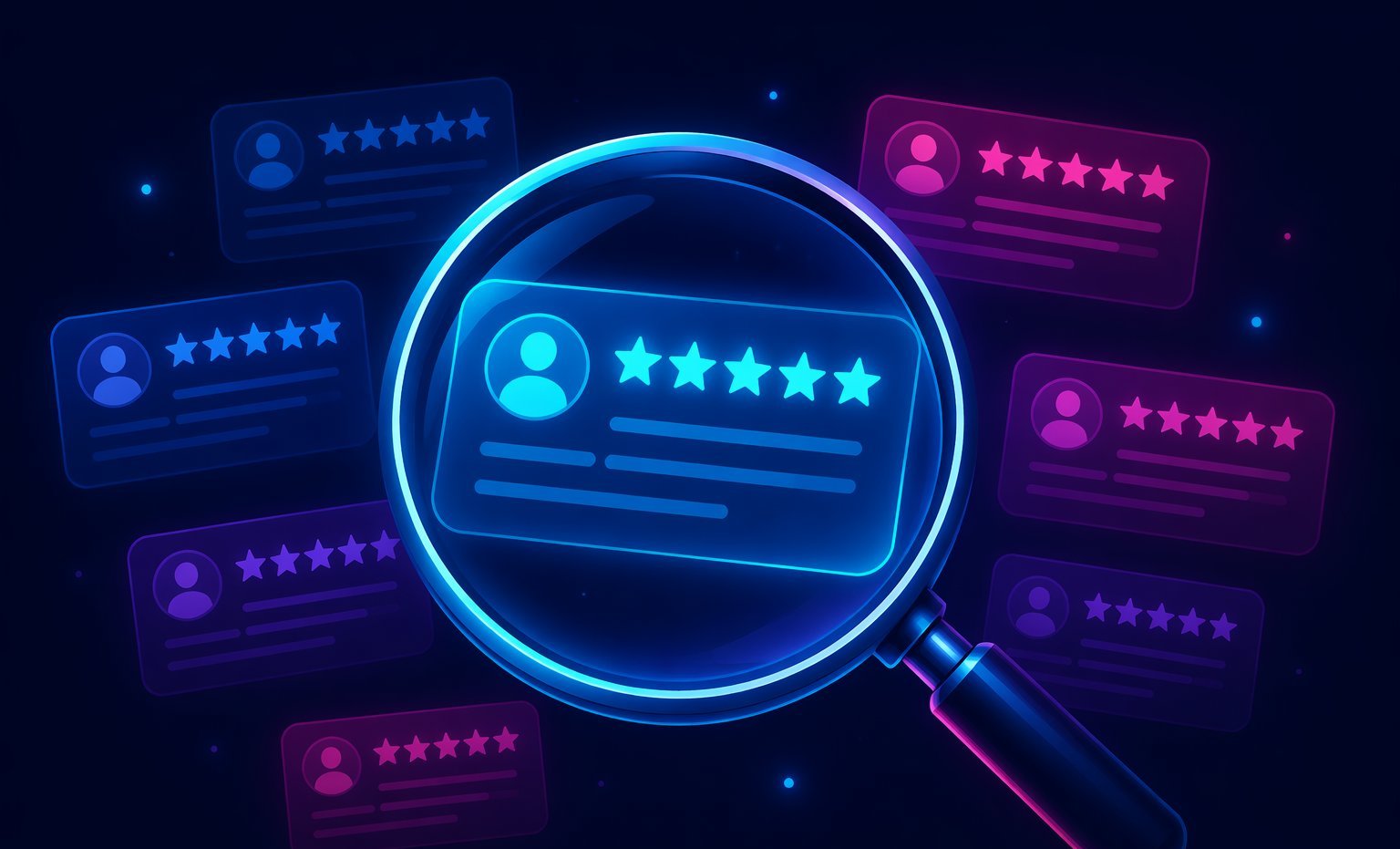 Magnifying glass over glowing Steam review cards with star ratings