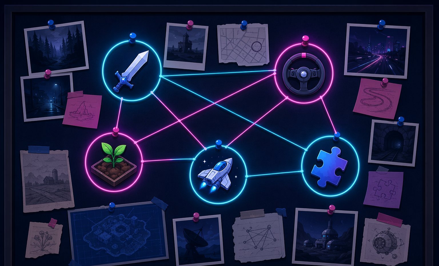 Detective evidence board connecting game clue icons with glowing strings