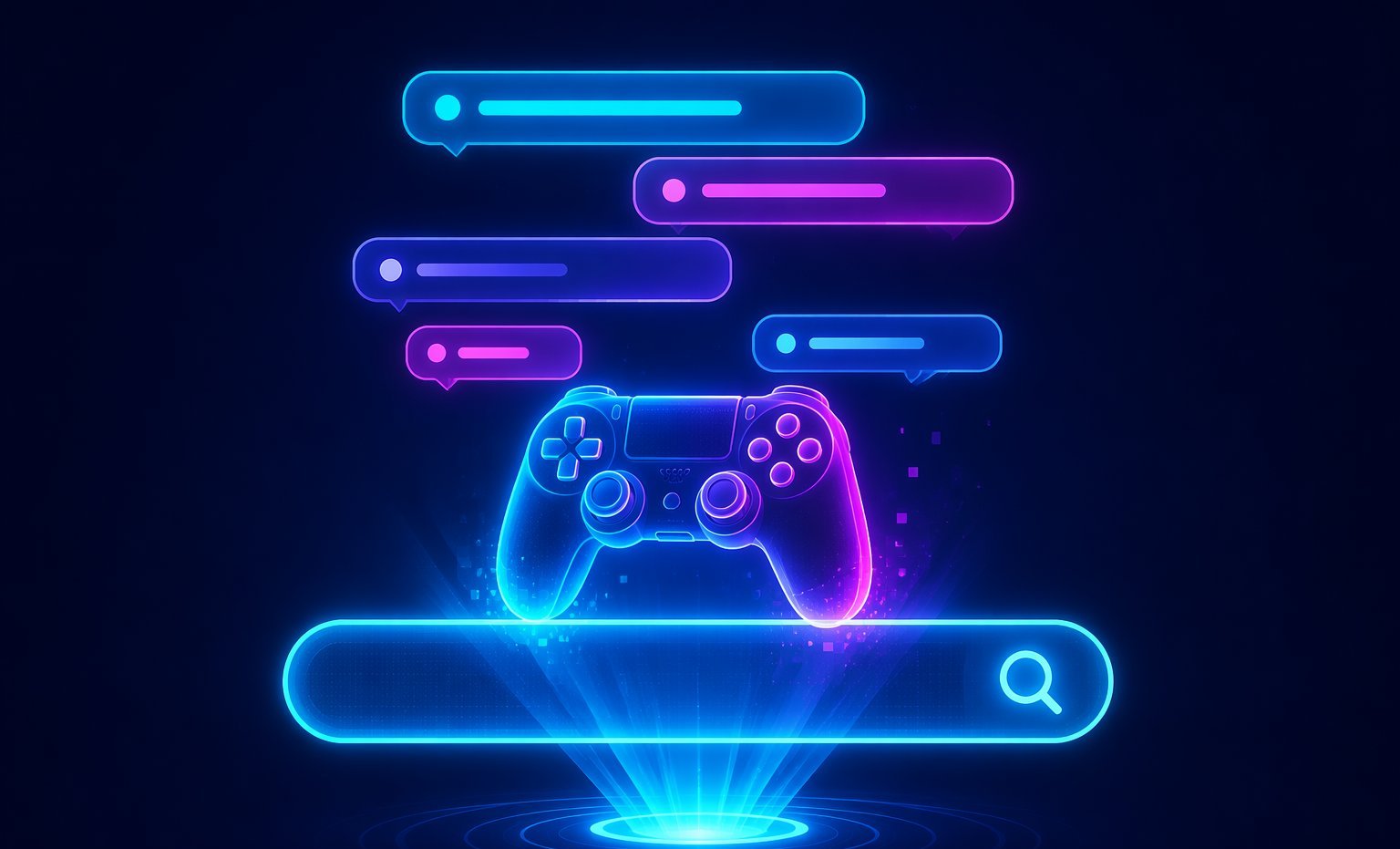 Glowing search bar hologram with a game controller and suggestion bubbles