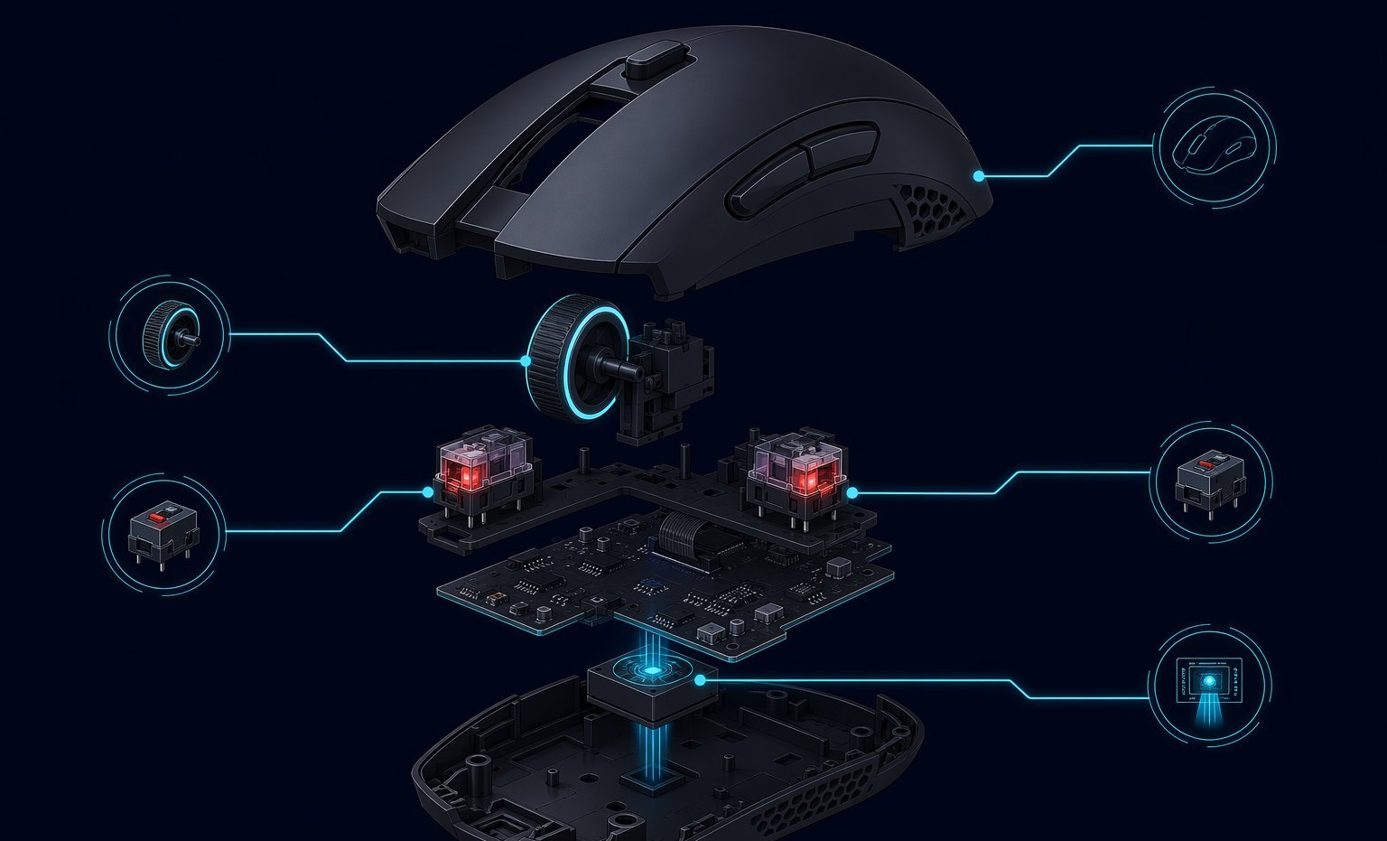 Exploded view of a gaming mouse showing optical switches, scroll wheel, sensor and shell