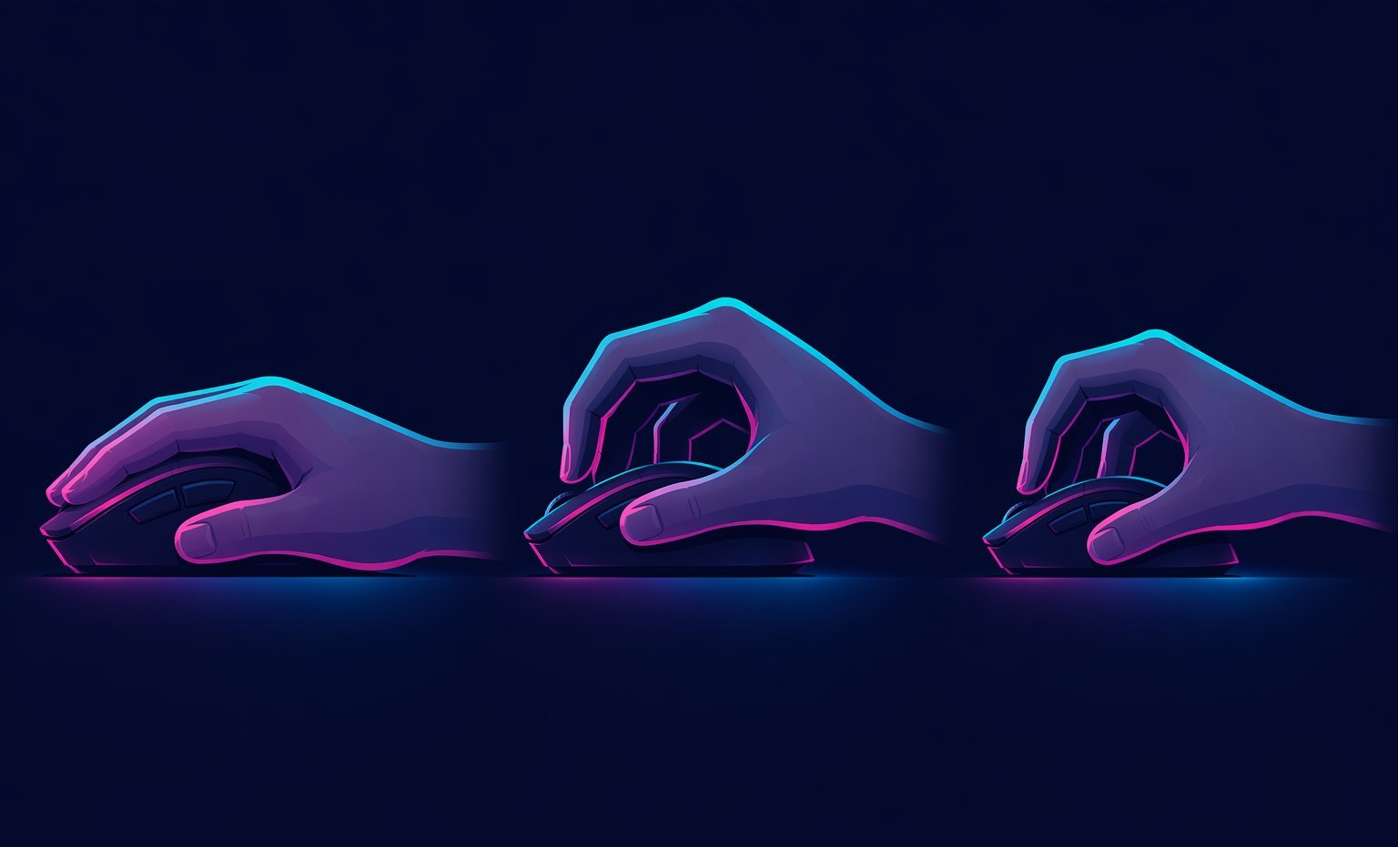 Three hands showing palm grip, claw grip and fingertip grip on gaming mice