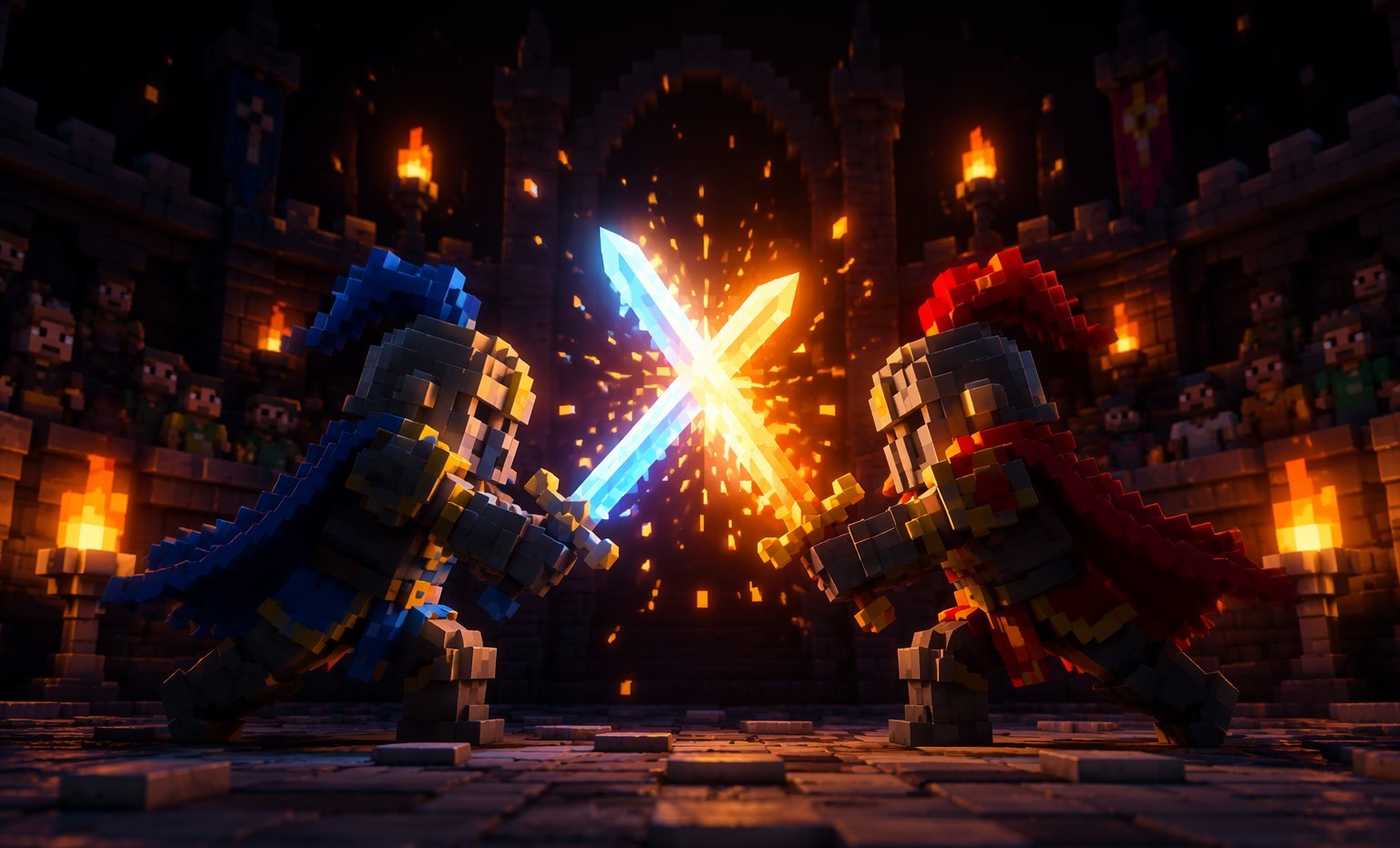 Two voxel-style knights clashing glowing swords in a torch-lit arena, Minecraft style PvP