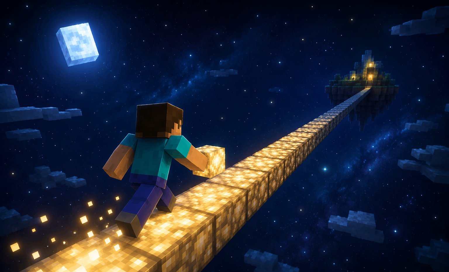 Voxel character speed-bridging across a starry void on a narrow path of glowing blocks
