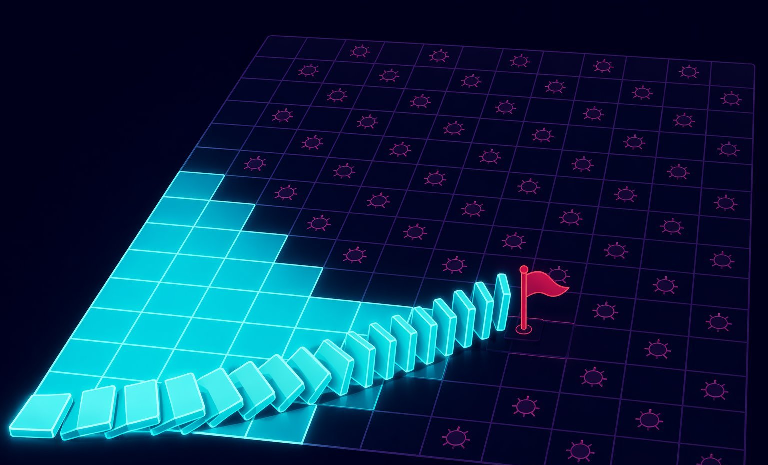 Cascade of cleared tiles sweeping across a minesweeper grid