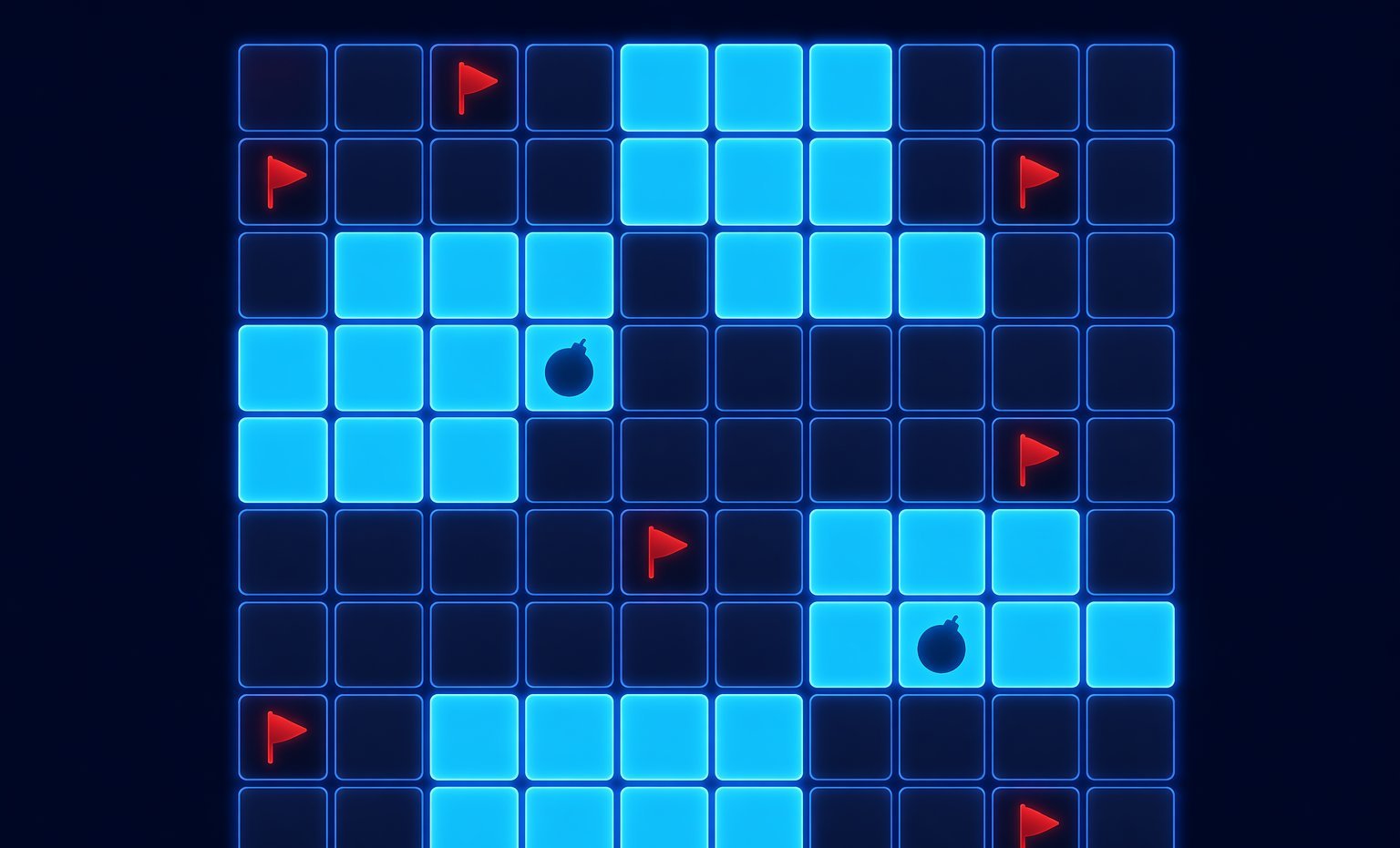 Glowing minesweeper grid with revealed tiles and red flags