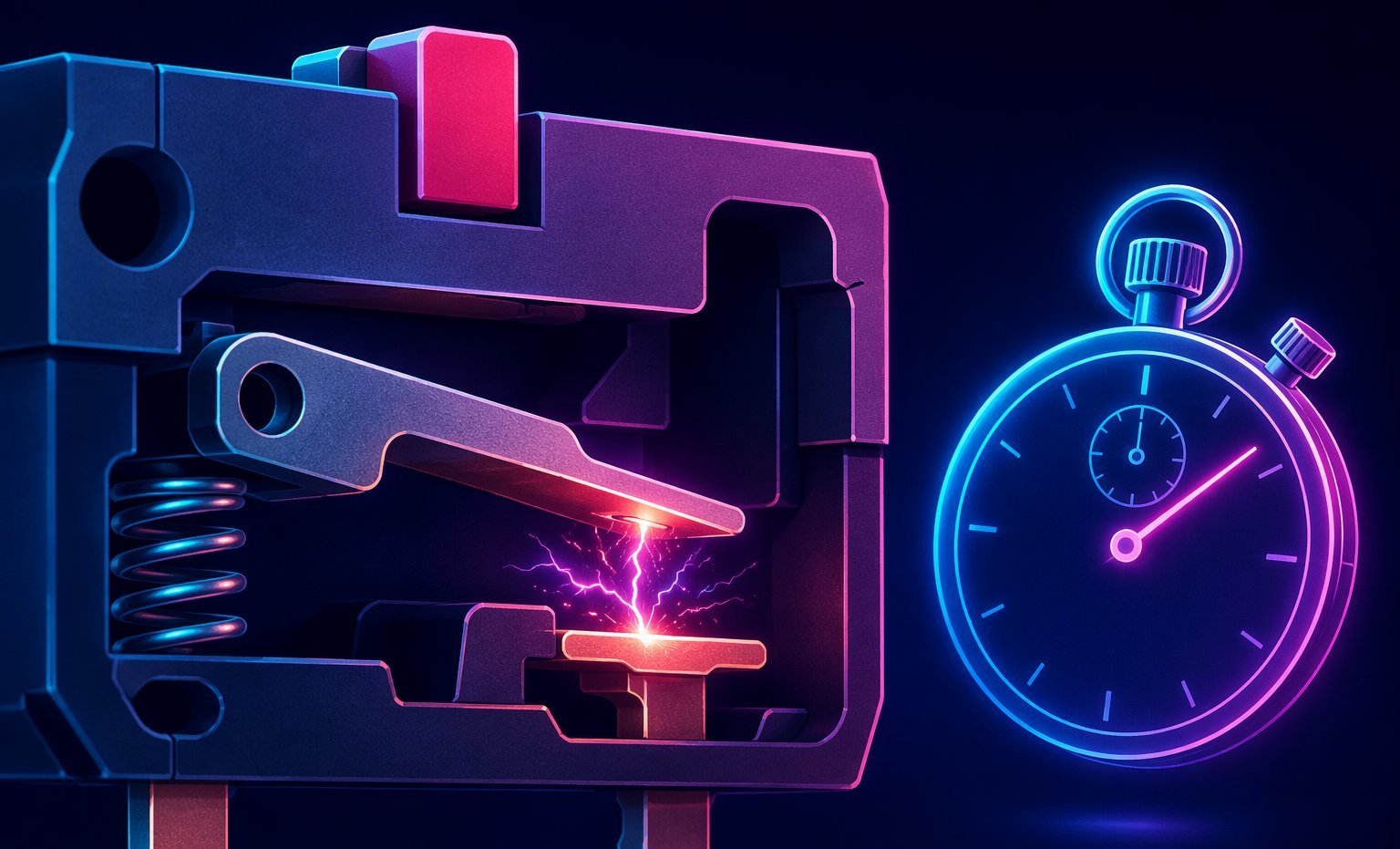 Close-up of a mechanical mouse switch with contact bounce sparks and a stopwatch