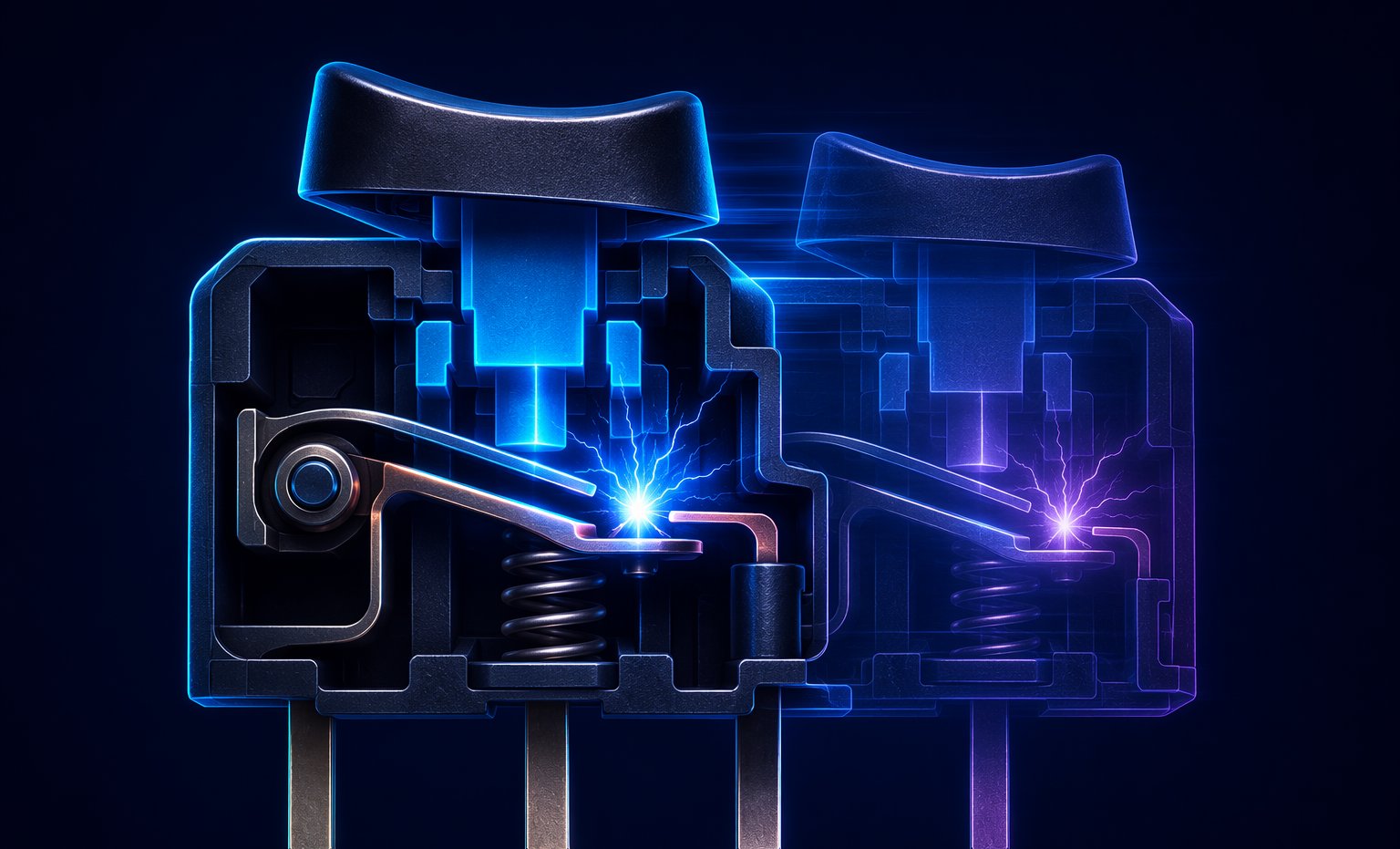 Macro illustration of a mouse micro switch with a bouncing copper contact leaf