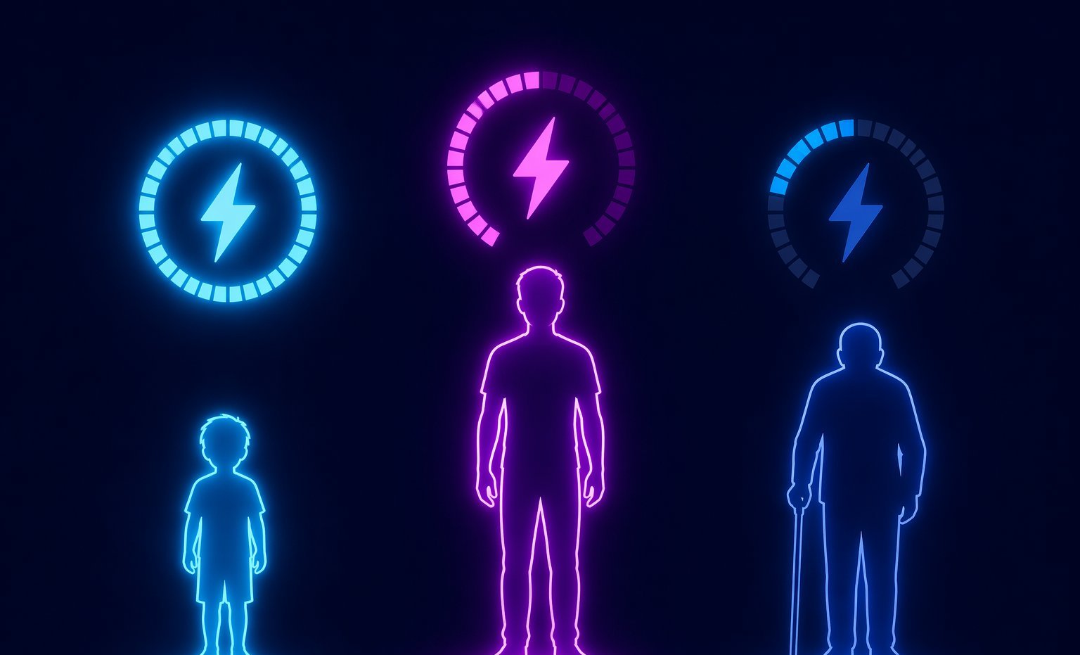 Child, adult and senior silhouettes with glowing reaction timers above them