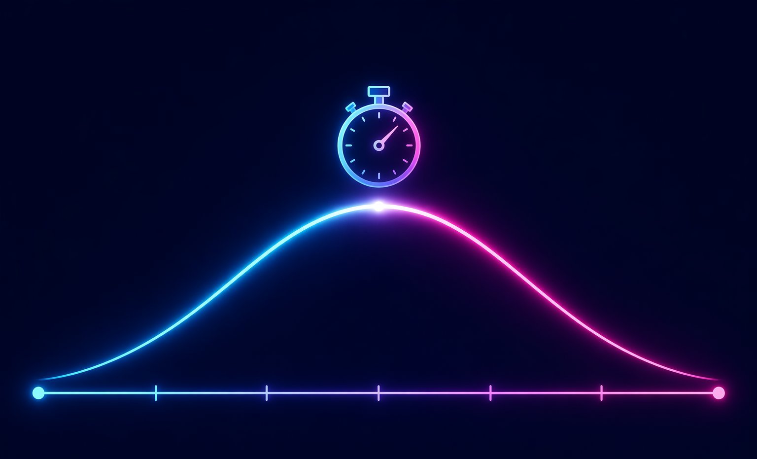 Glowing curve rising to a peak then falling, with a stopwatch at the peak