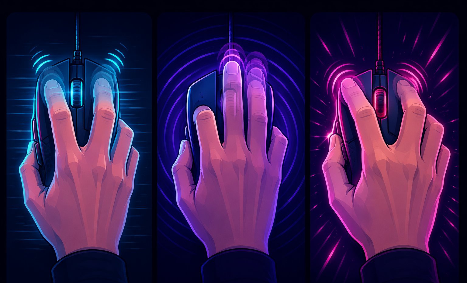 Three hands demonstrating jitter clicking, butterfly clicking and drag clicking techniques on gaming mice