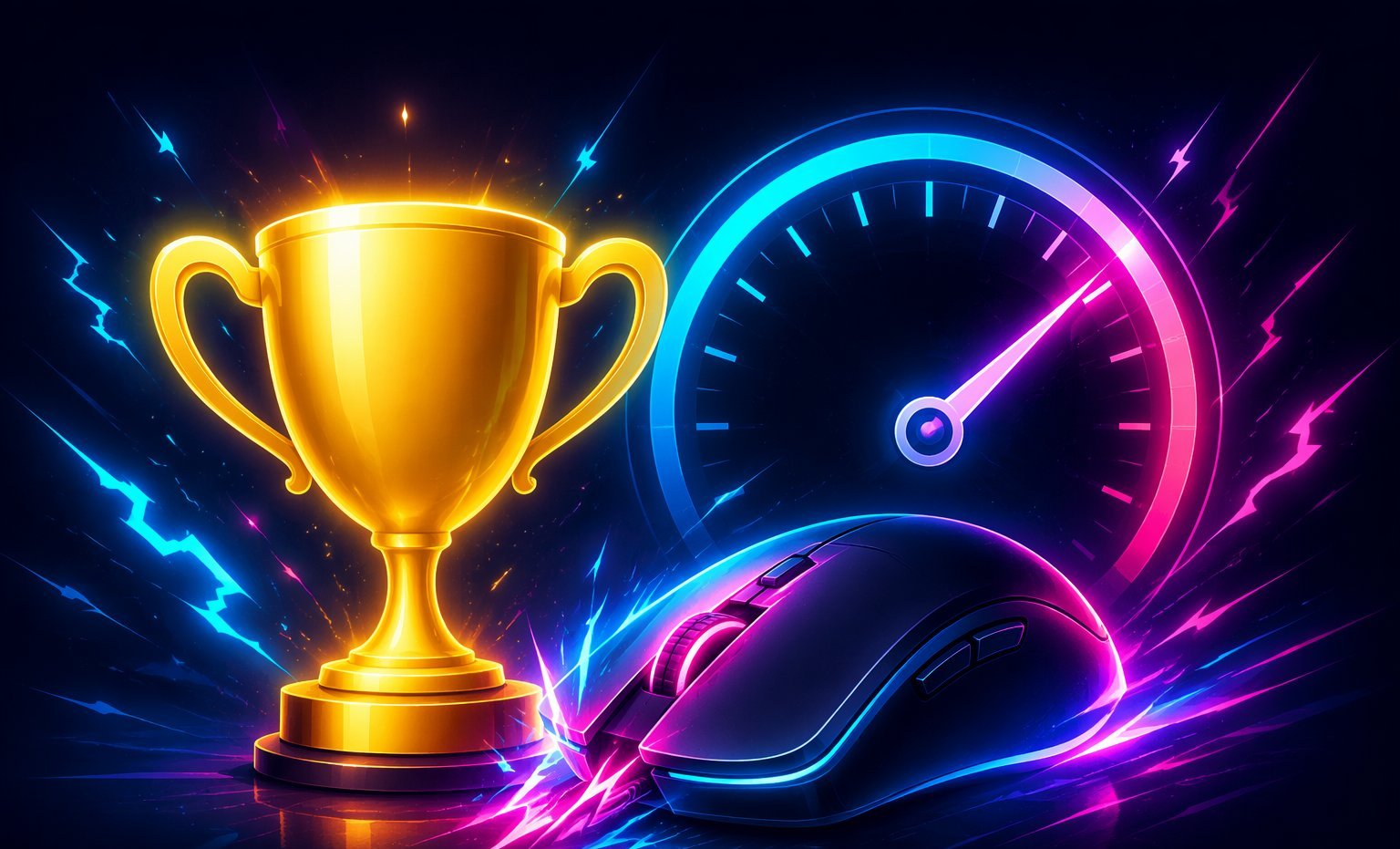 Golden trophy next to a gaming mouse and a glowing CPS speedometer gauge