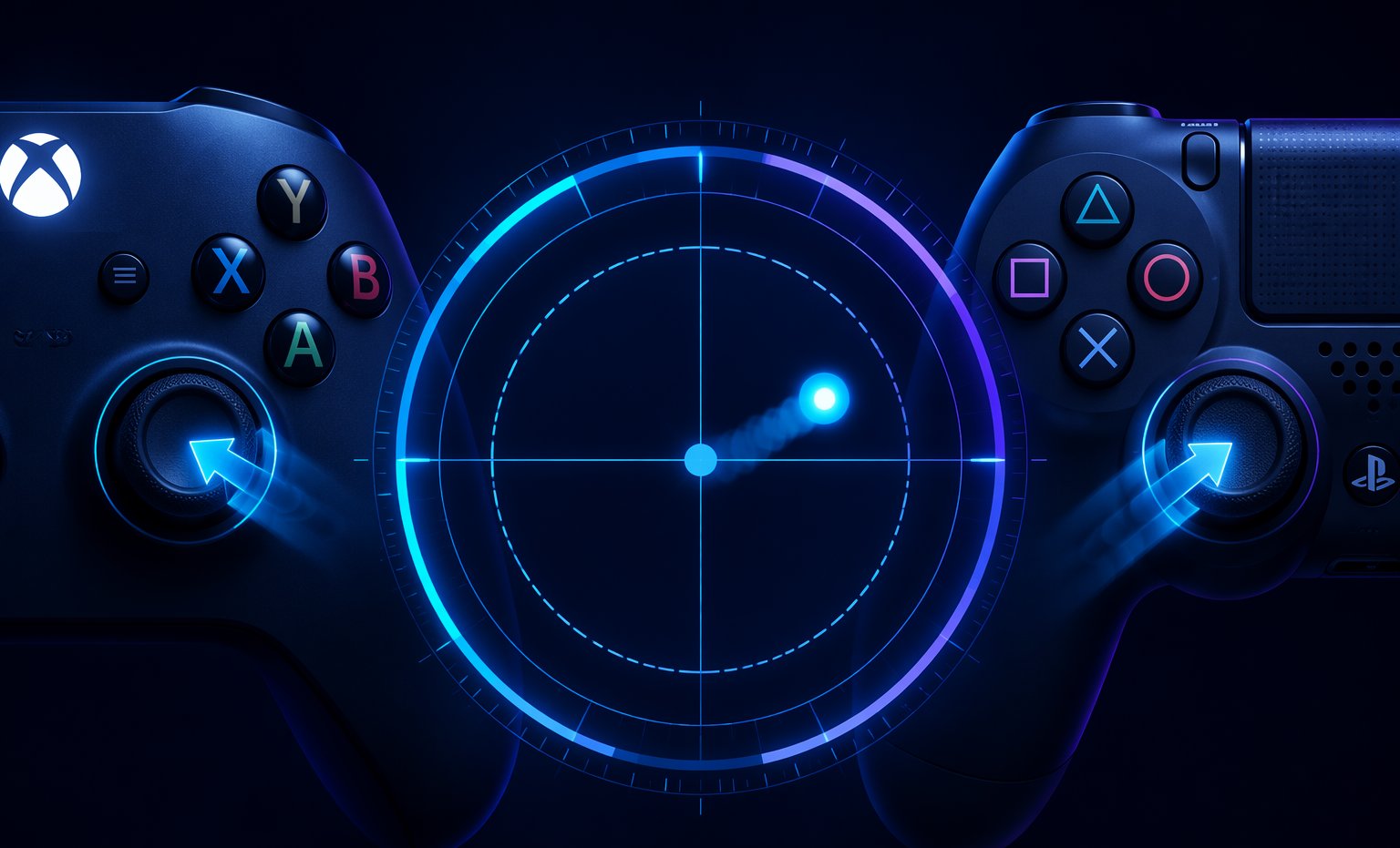 Game controller analog stick surrounded by a translucent ghost arrow showing phantom movement direction