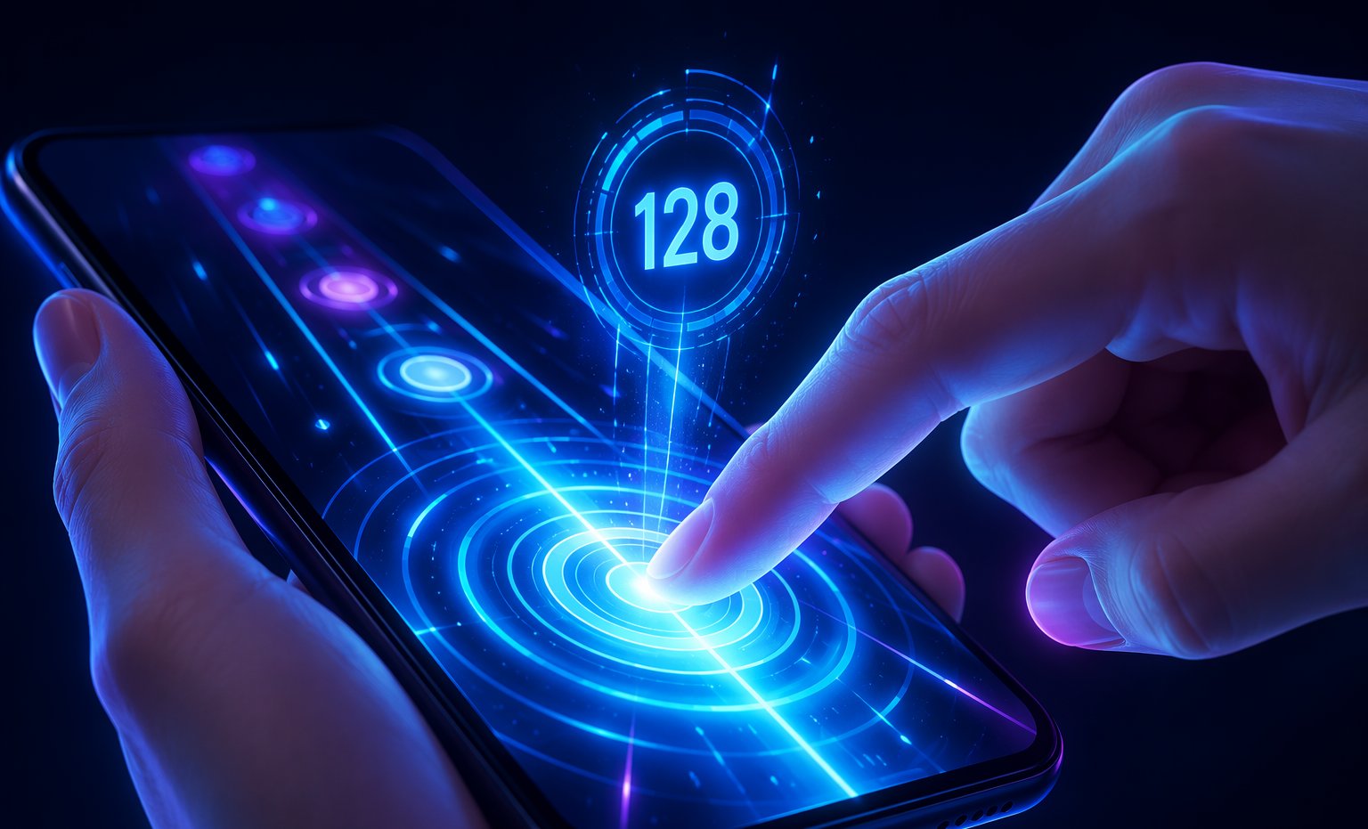 Finger tapping a smartphone screen with glowing ripple rings at each touch point