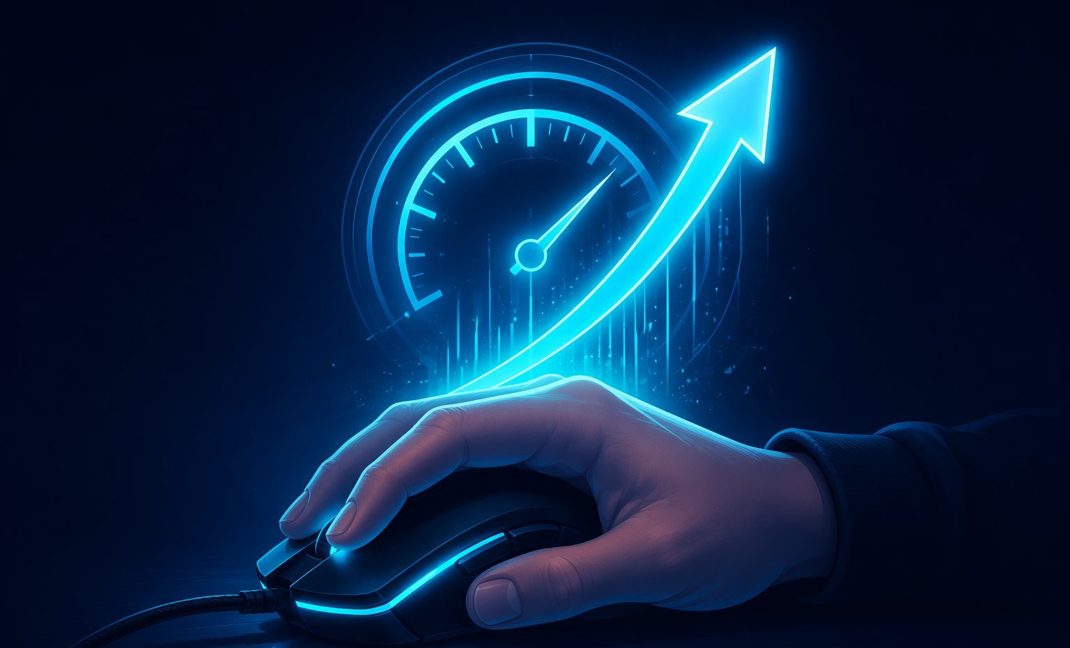 Hand on a gaming mouse with a glowing progress arrow and speedometer hologram showing CPS improvement