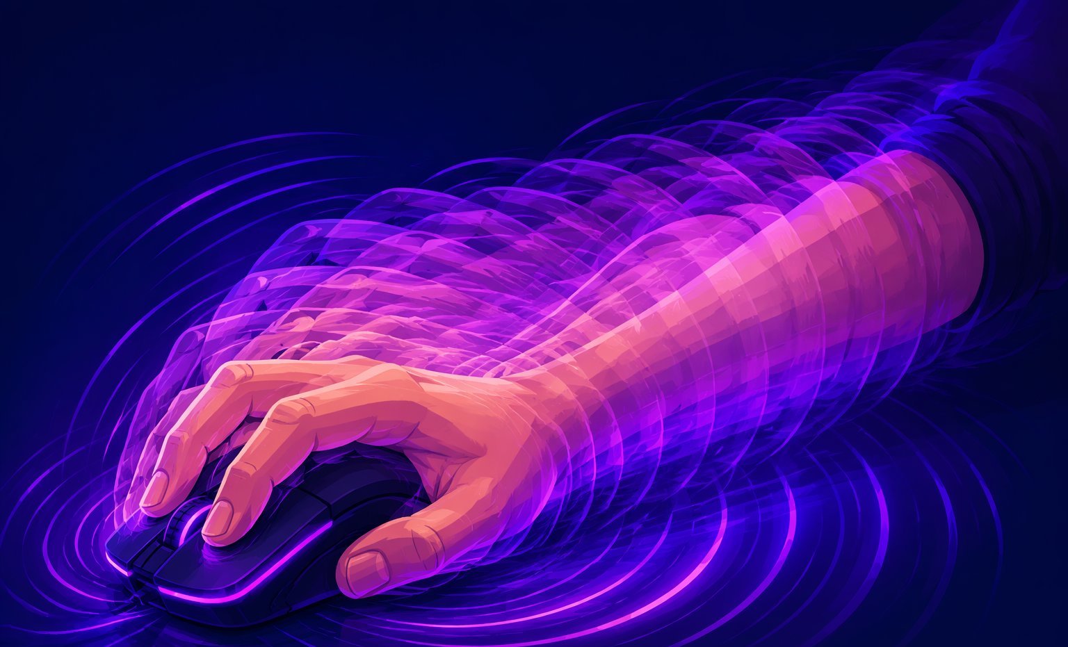 Forearm and hand vibrating at high speed on a gaming mouse with motion blur, jitter clicking technique