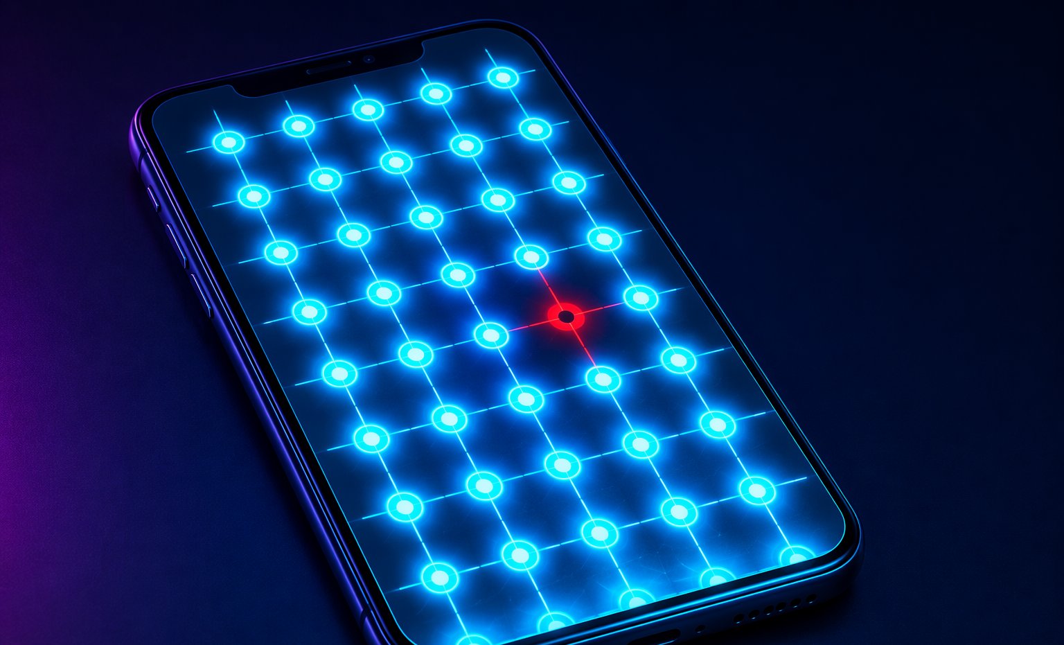 Touchscreen coverage grid with one unresponsive dead zone highlighted in red