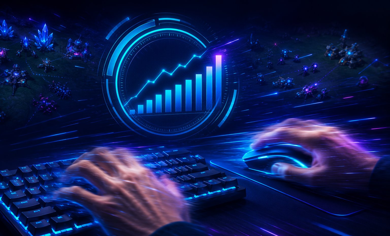 Glowing hologram counter showing rising actions-per-minute above a keyboard and mouse